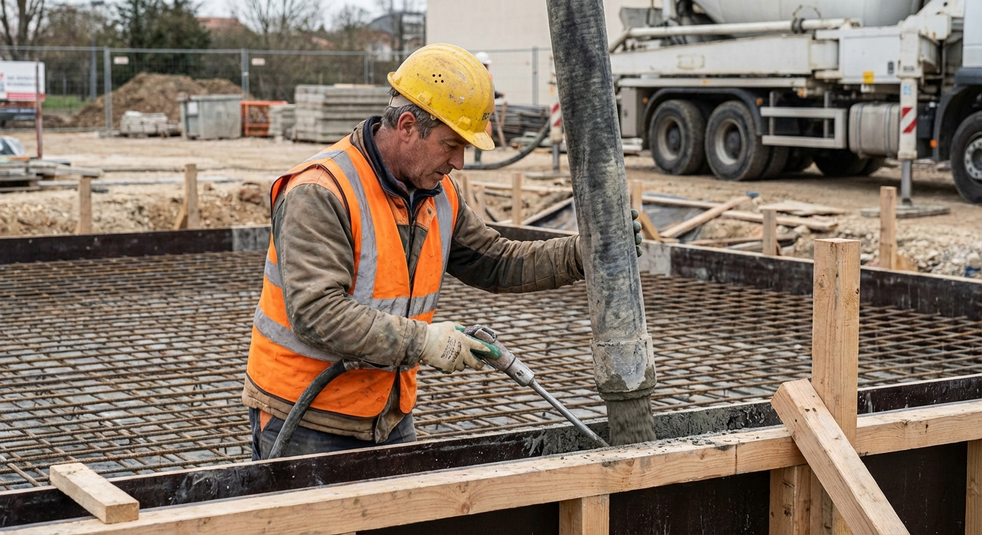 Bétonnier coulant du béton armé sur un chantier de construction
