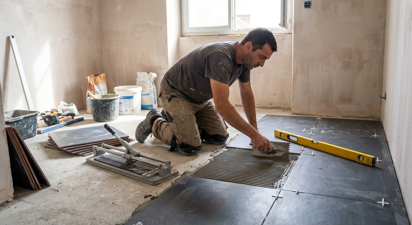 Carreleur posant du carrelage sur un chantier de salle de bain