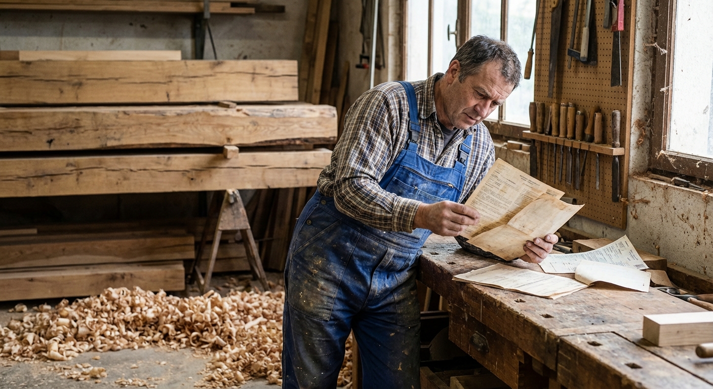 Charpentier consultant son attestation décennale devant une charpente