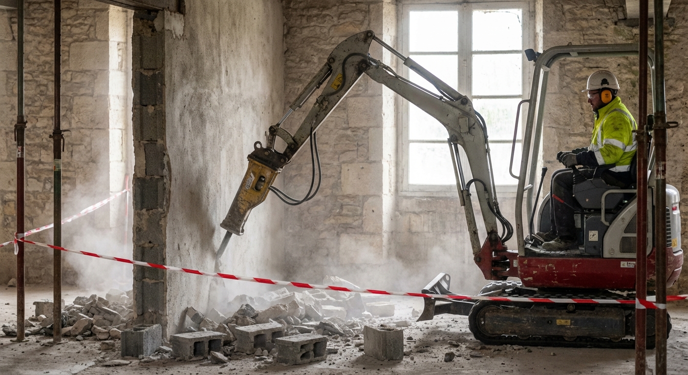 Chantier de démolition mécanique avec engin de déconstruction