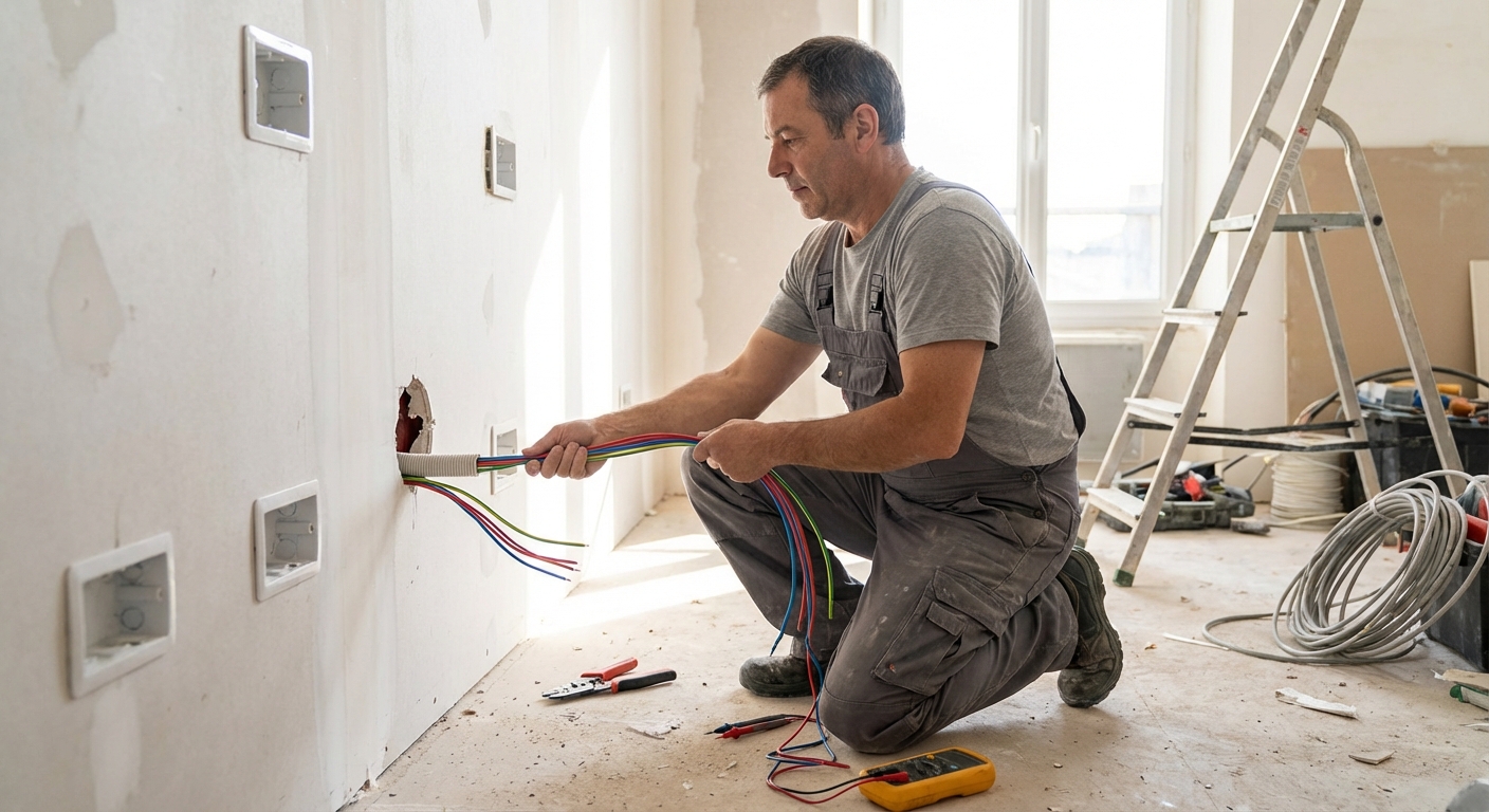 Électricien installant un tableau électrique sur un chantier