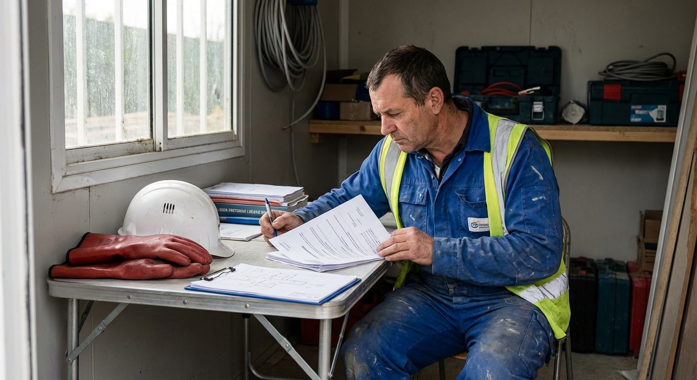 Électricien consultant son attestation décennale sur chantier