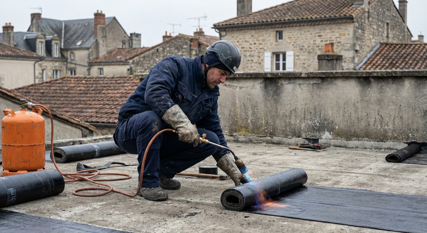 Étancheur posant une membrane sur une toiture-terrasse