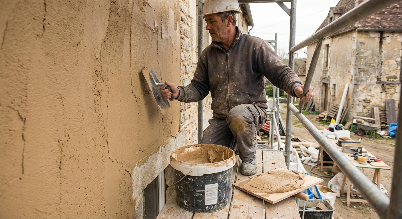 Façadier appliquant un enduit sur une façade de bâtiment
