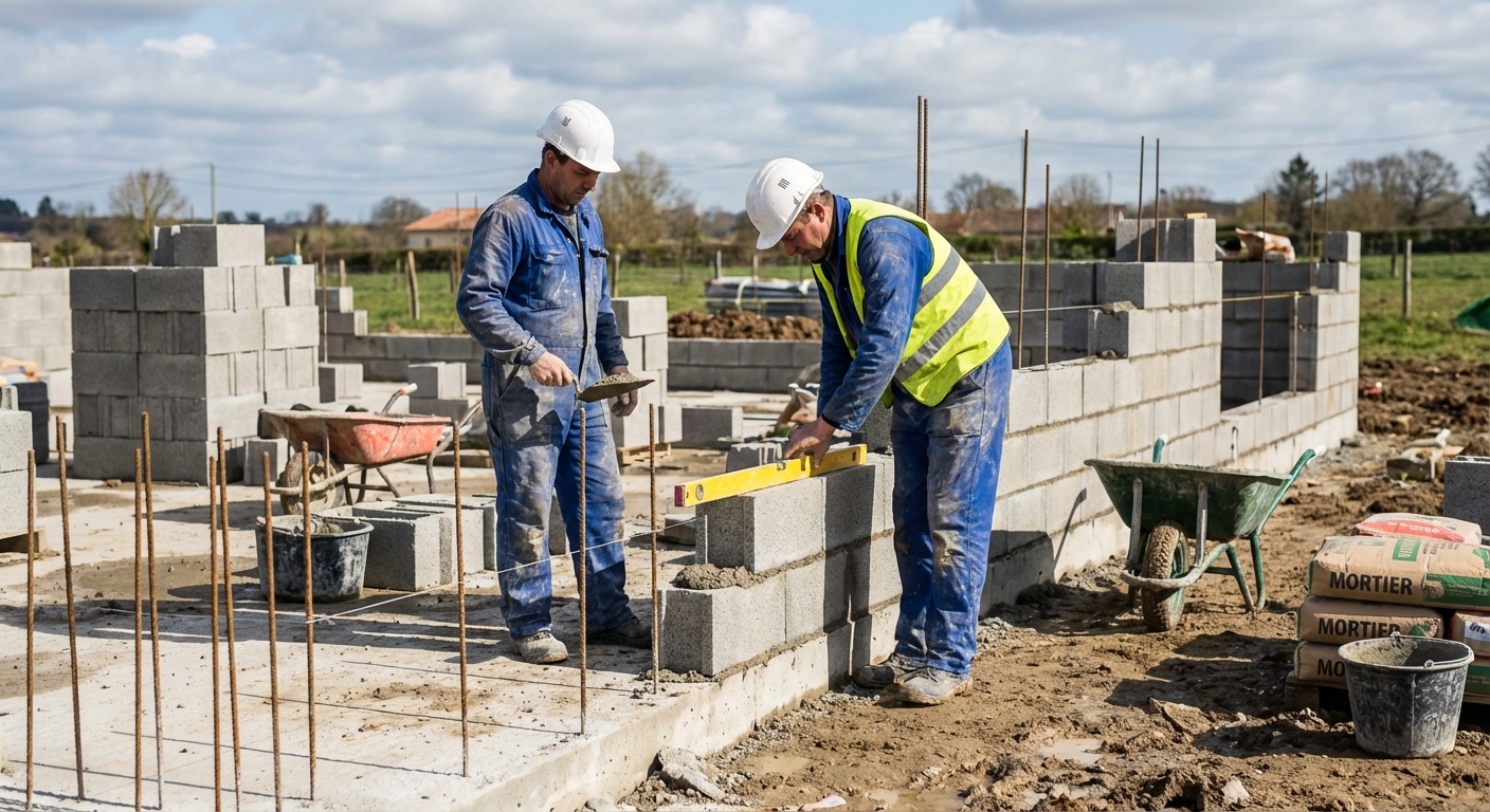 Chantier de gros œuvre avec coulage de dalle béton armé