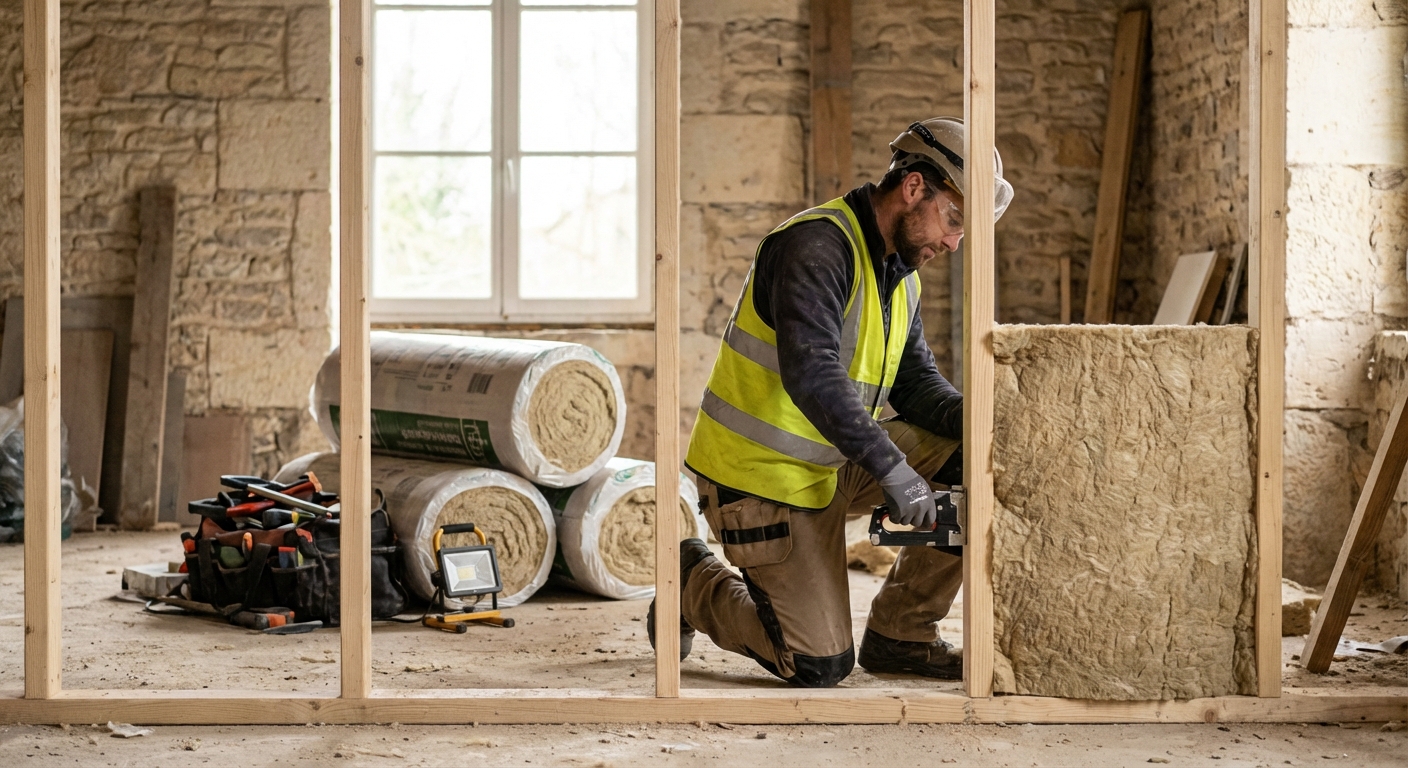 Isolateur posant de la laine de verre dans des combles