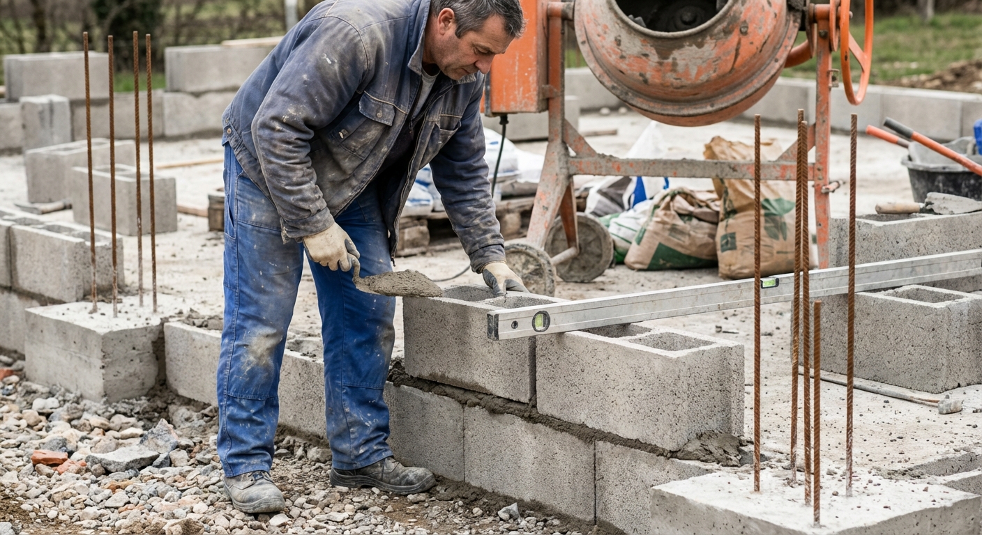 Maçon coulant une dalle béton sur un chantier de construction
