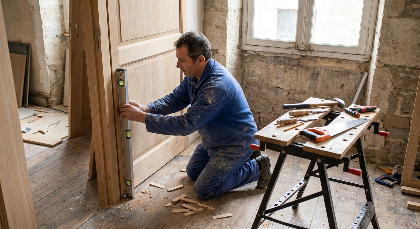 Menuisier posant une fenêtre en bois sur un chantier