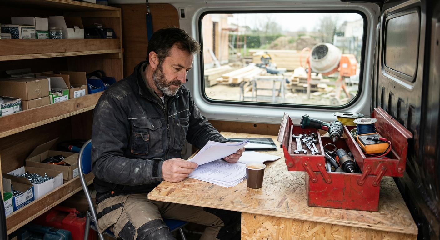 Artisan multiservice vérifiant son attestation décennale