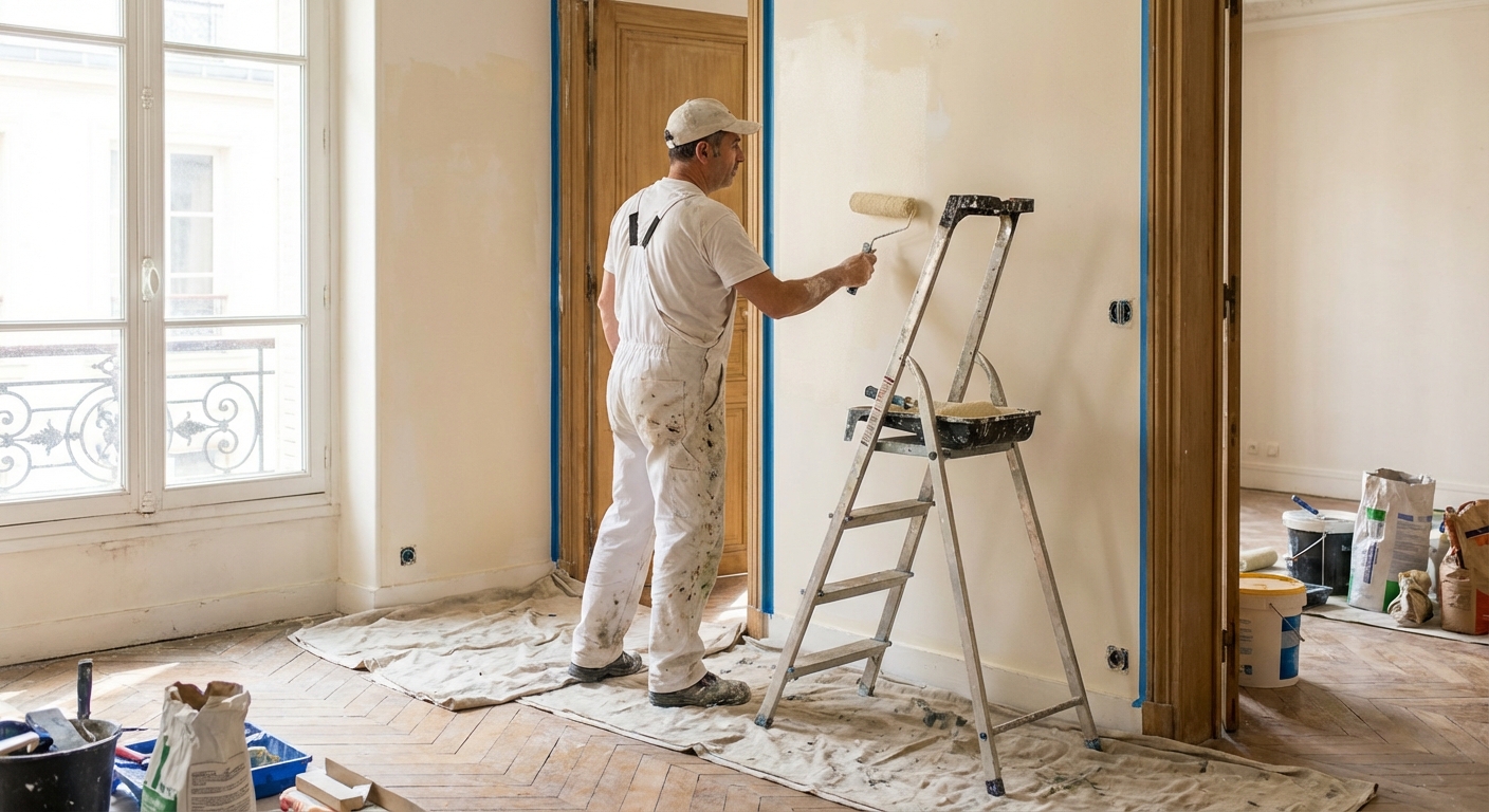 Peintre en bâtiment appliquant un enduit de façade sur un chantier