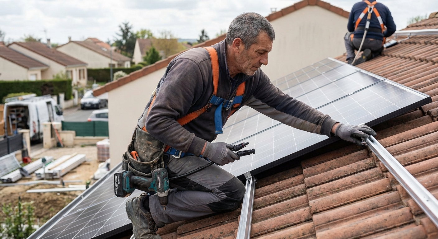 Installateur photovoltaïque posant des panneaux solaires sur une toiture