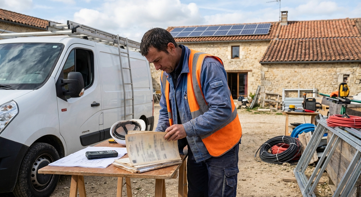 Installateur photovoltaïque vérifiant son attestation décennale