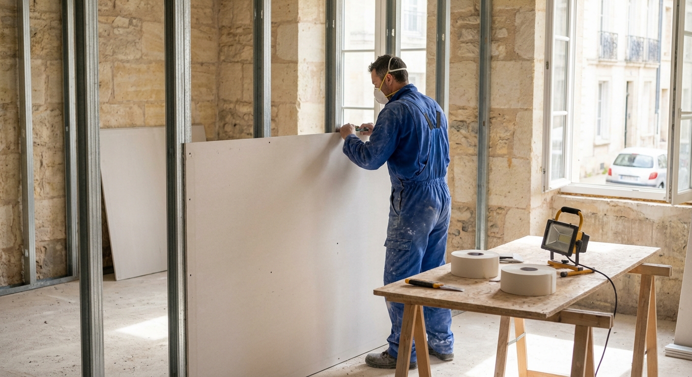 Plaquiste posant des plaques de plâtre sur une ossature métallique