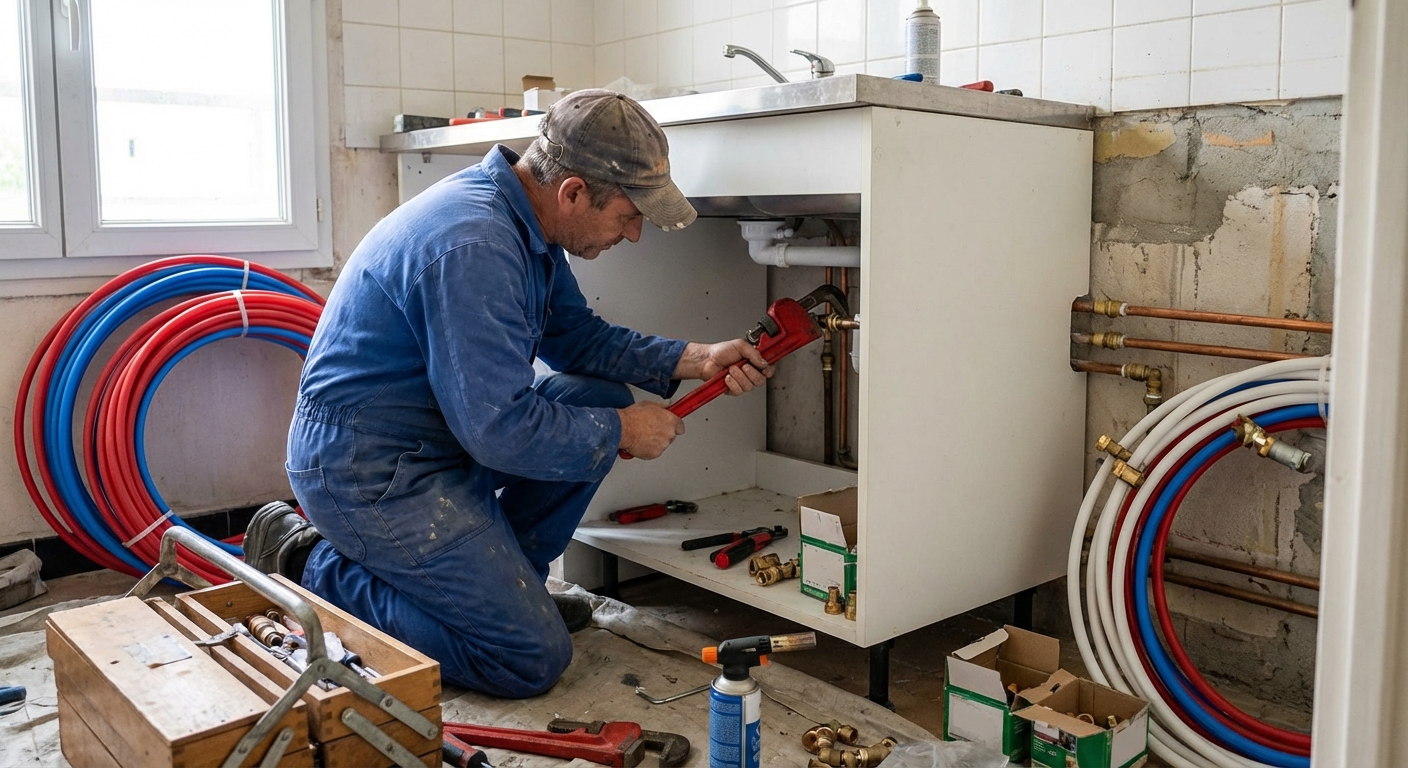 Plombier installant des canalisations sur un chantier