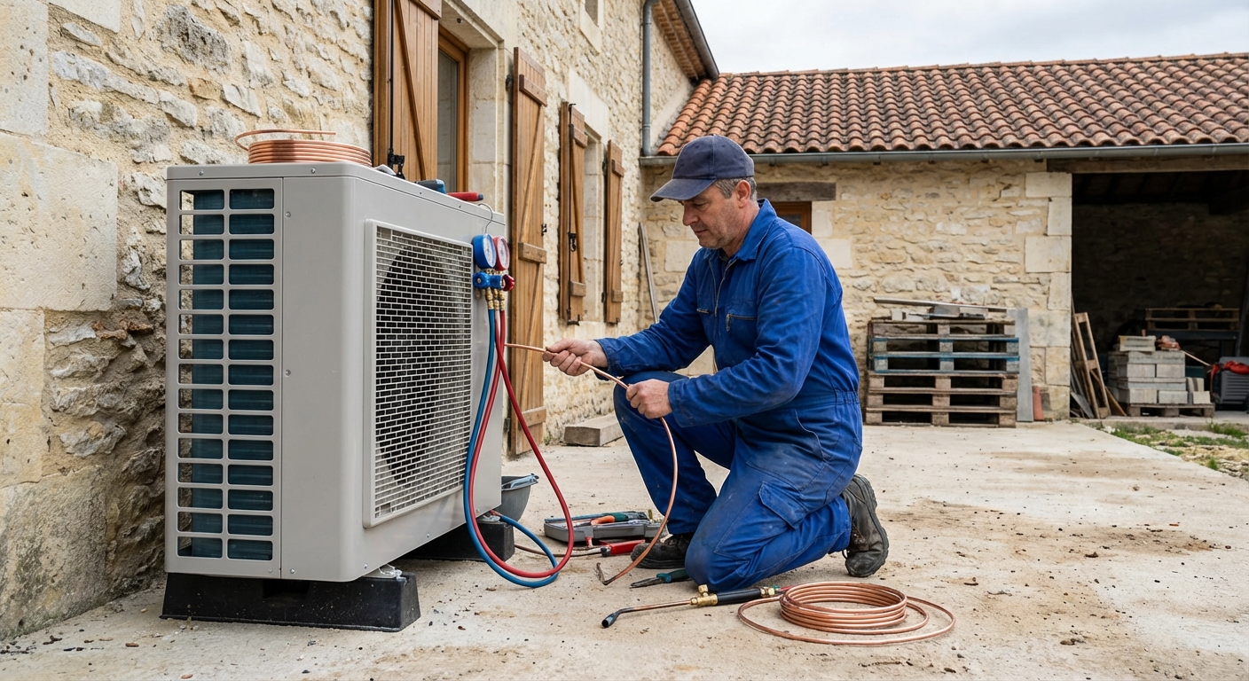 Installateur raccordant une pompe à chaleur air/eau en extérieur