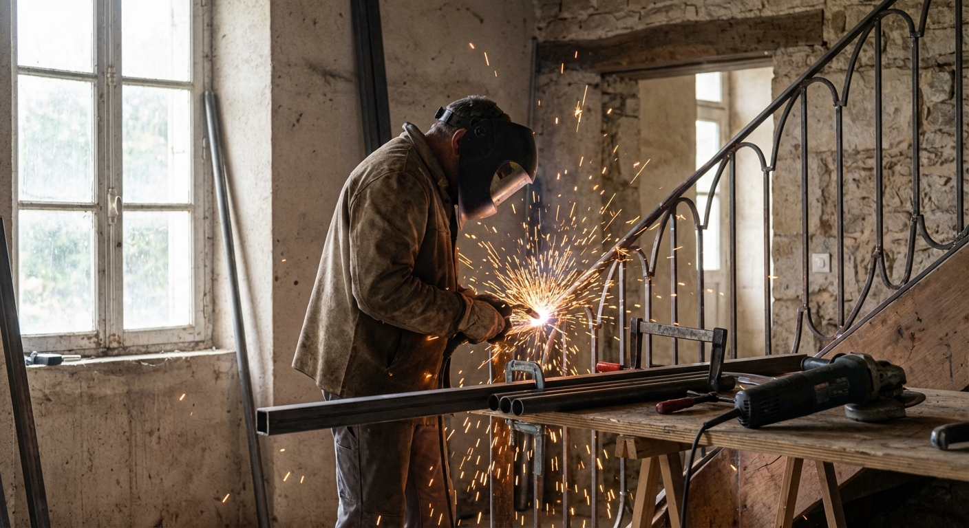 Serrurier-métallier installant un garde-corps sur un chantier