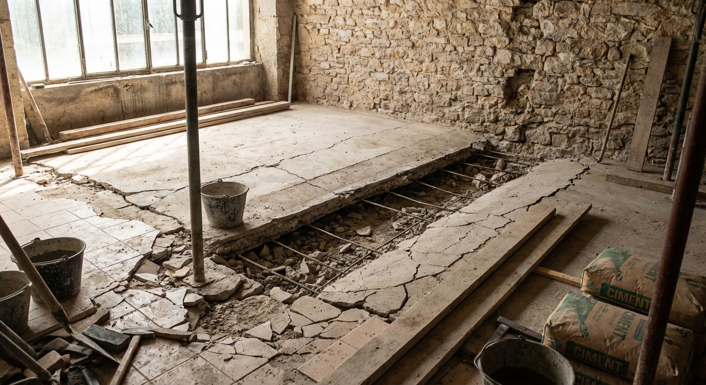 Dalle béton affaissée par sous-dosage