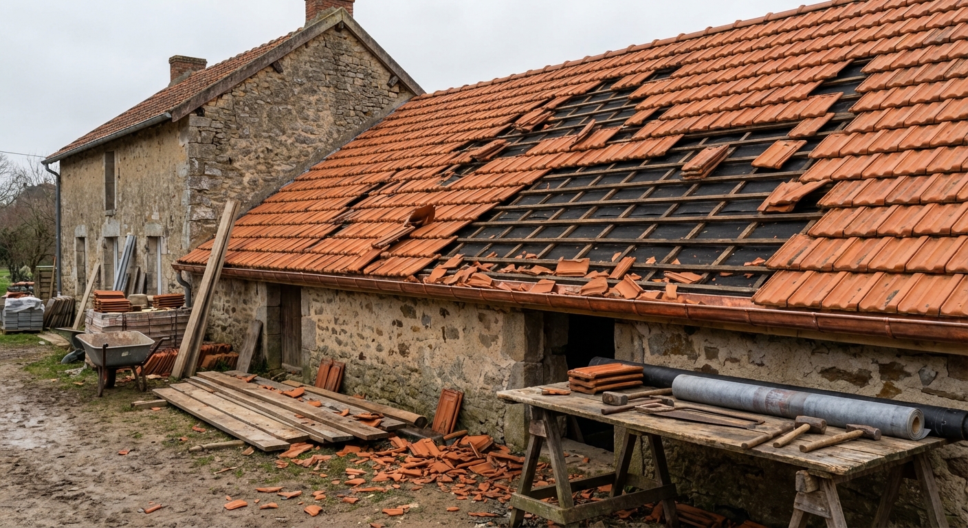 Tuiles arrachées par le vent sur une toiture