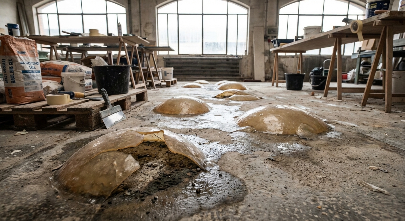 Cloquage de résine de sol dans un local industriel