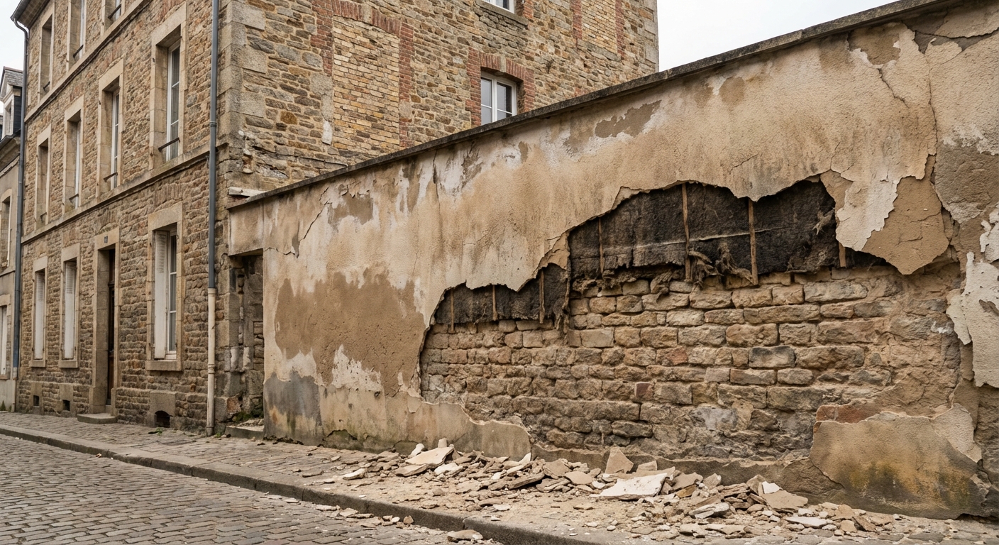 Décollement massif d'enduit sur une façade