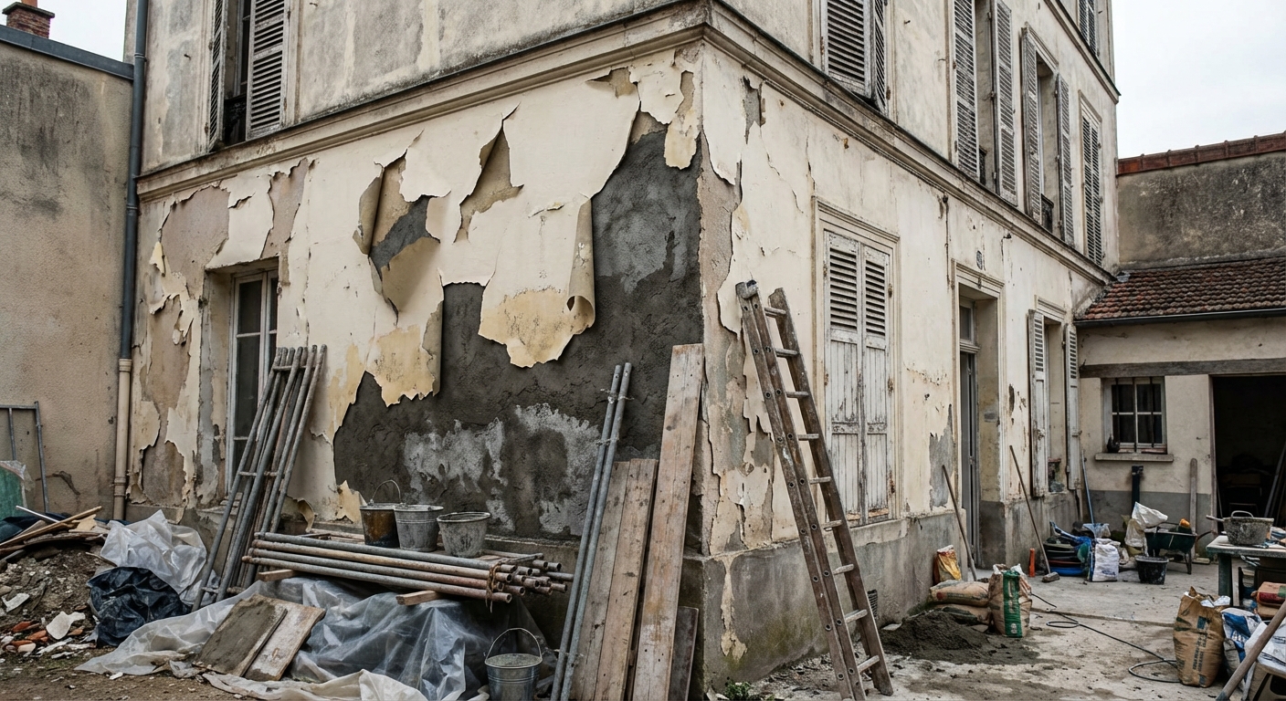 Peinture de façade décollée exposant le mur aux intempéries