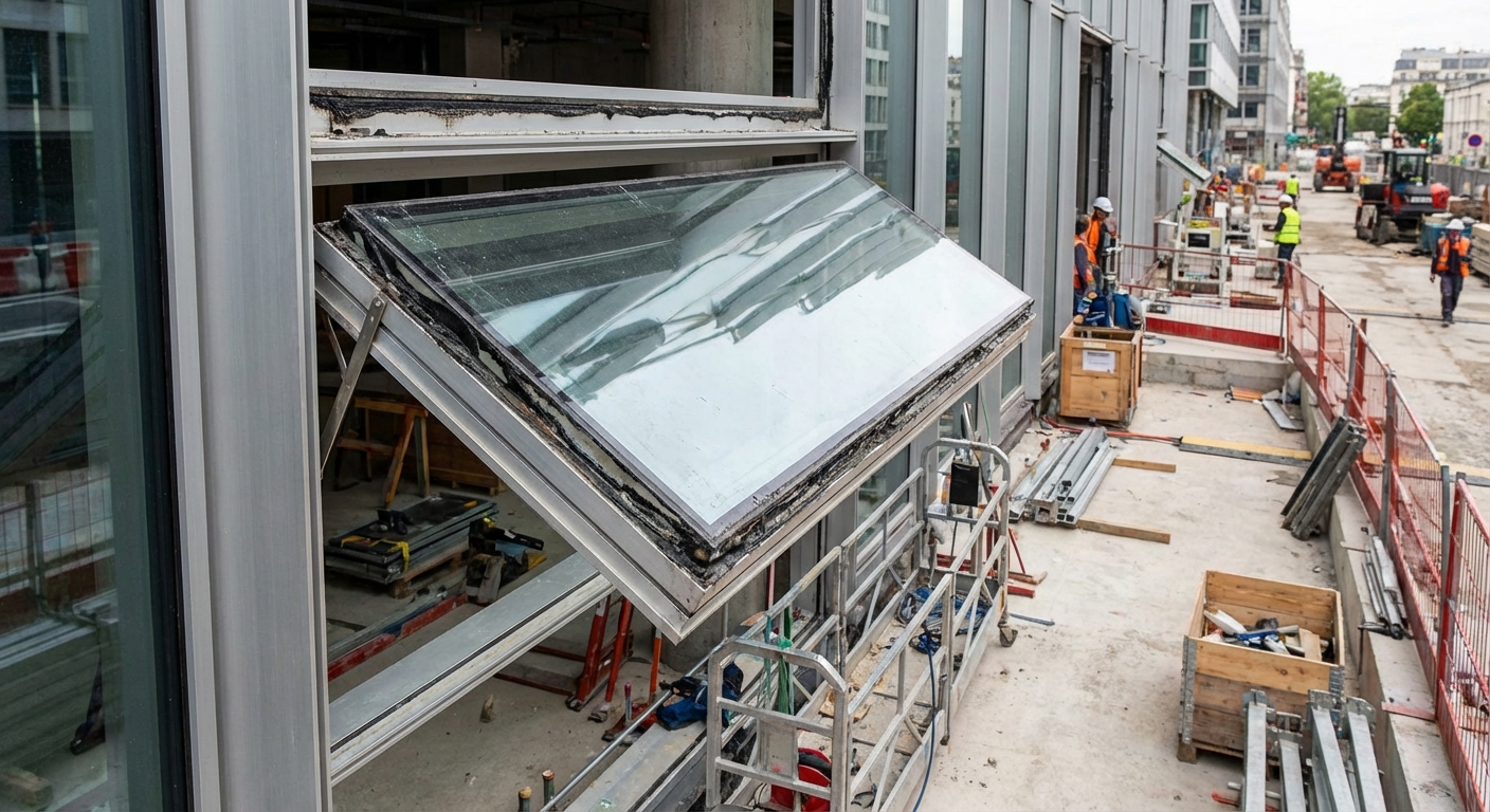 Décollement de panneau vitré sur mur-rideau