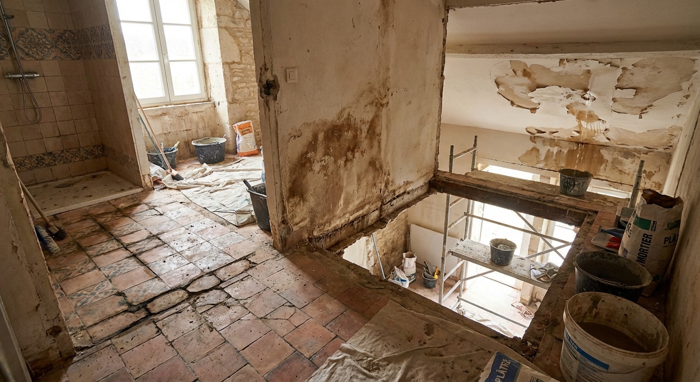 Infiltrations sous une douche italienne mal étanchée