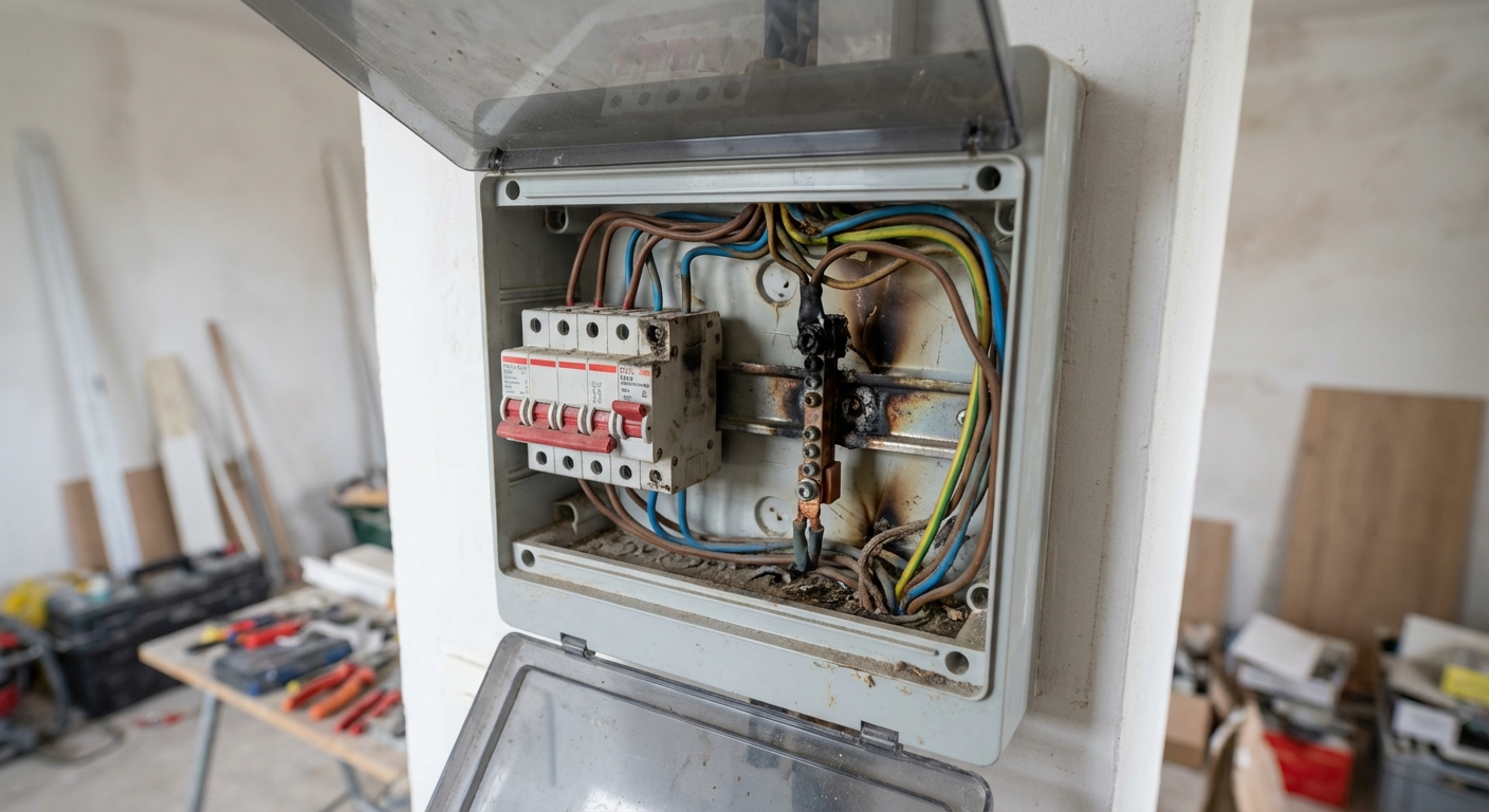 Tableau électrique défectueux scellé au mur