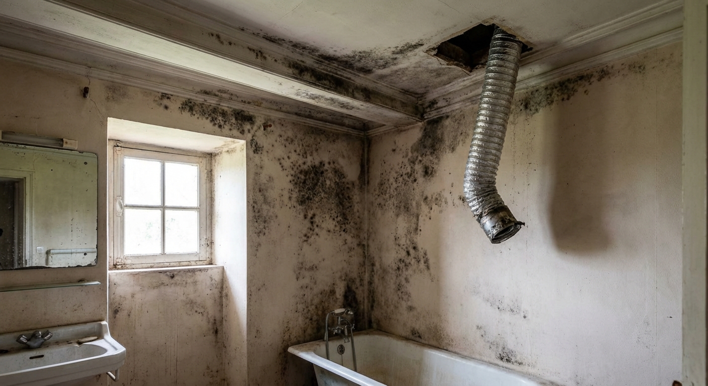 Moisissures sur mur porteur causées par un défaut de VMC