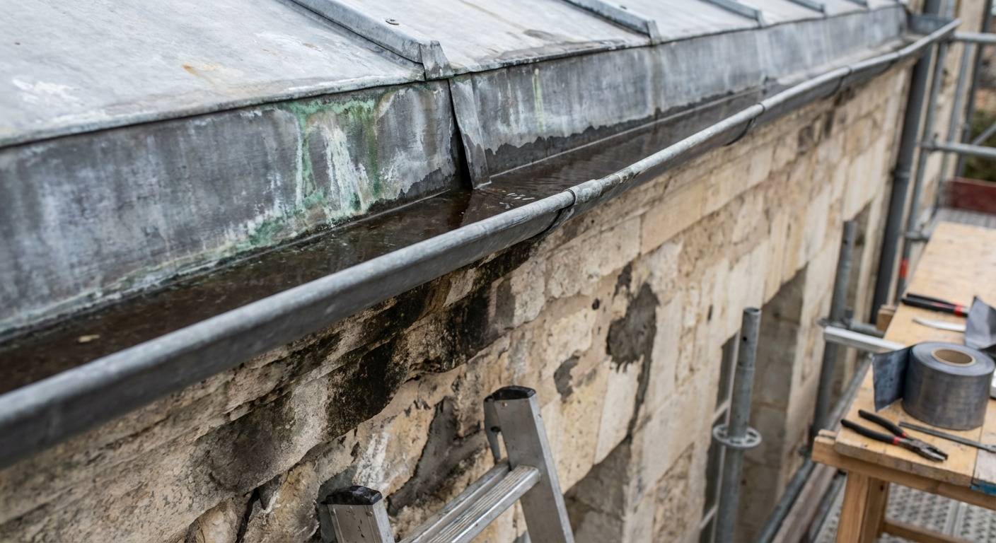 Gouttière défectueuse provoquant des infiltrations murales