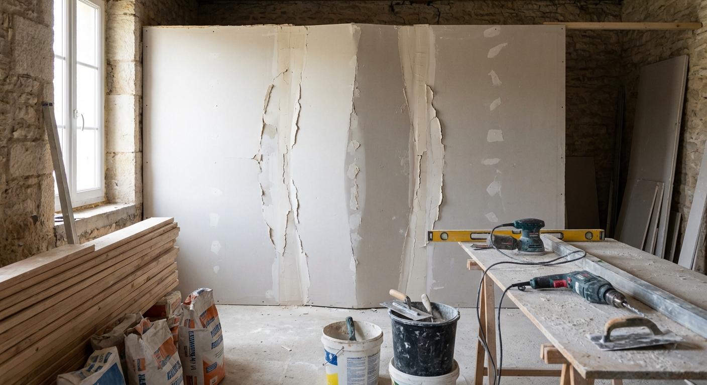 Cloison en plaques de plâtre déformée et gondolée