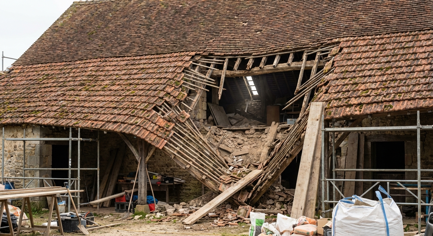 Charpente effondrée suite à une surcharge de couverture
