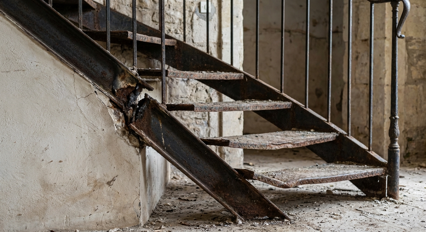 Escalier métallique partiellement effondré