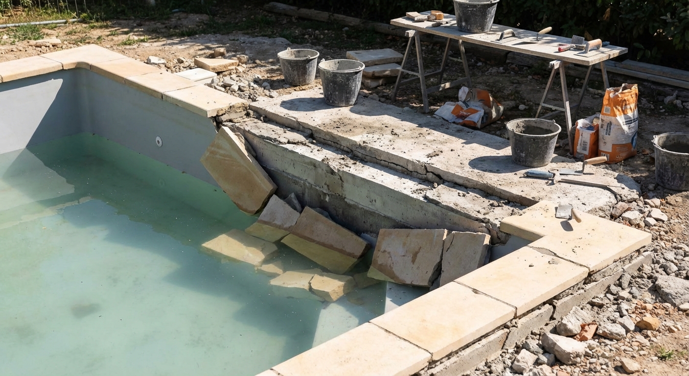 Margelles de piscine effondrées et fissurées