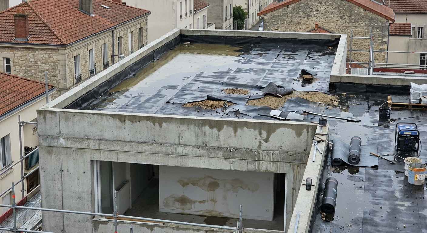 Infiltrations par toiture-terrasse sur résidence neuve