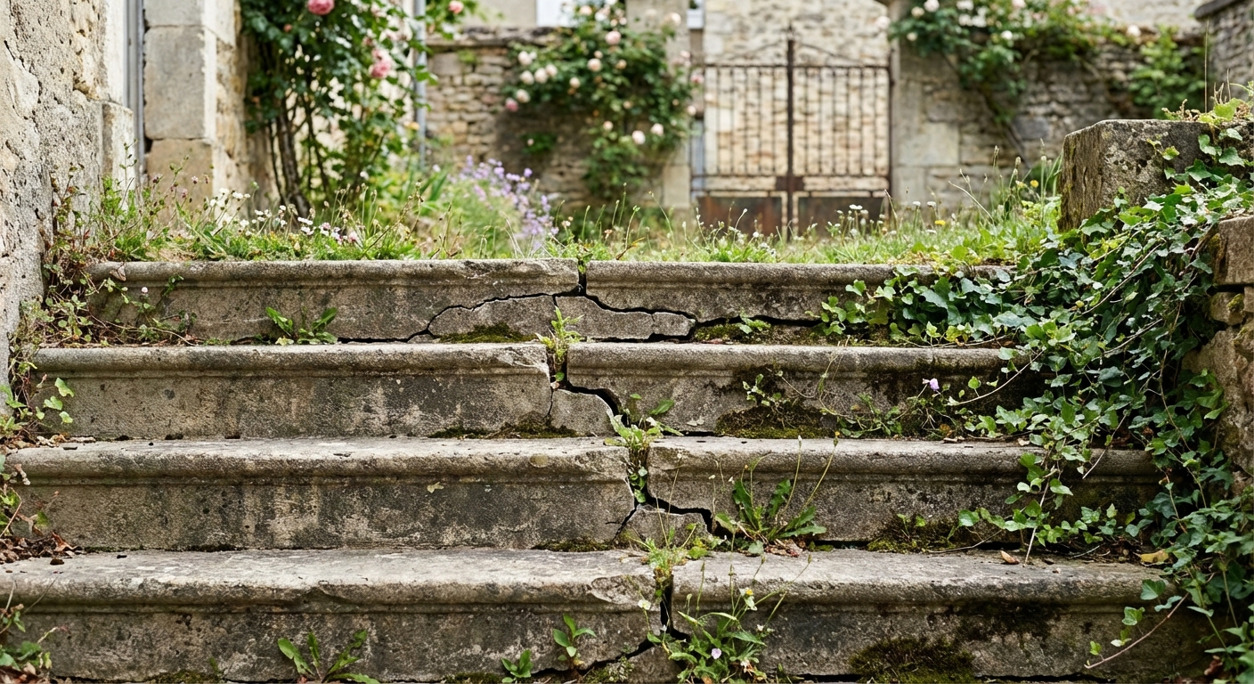 Escalier extérieur fissuré et désolidarisé