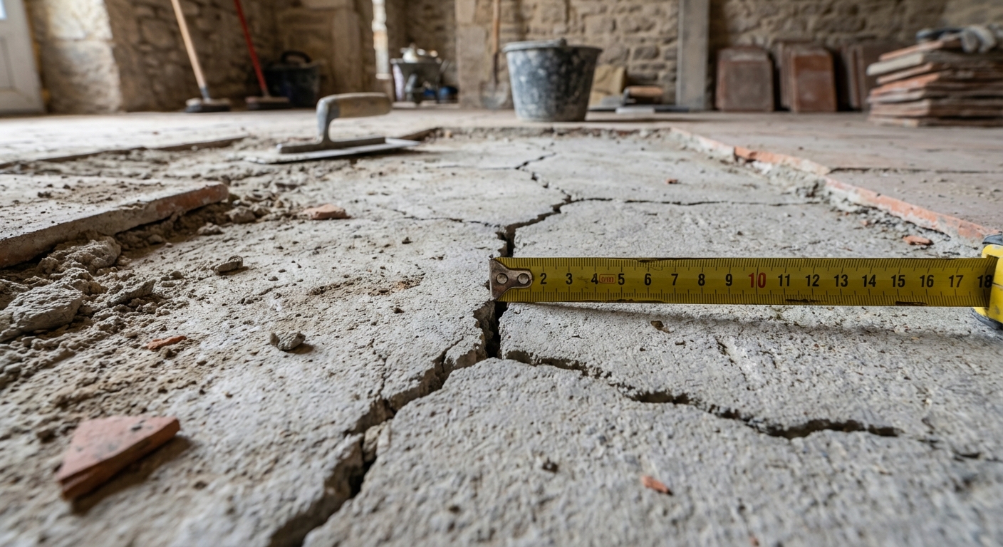 Fissures dans une chape visible sous le carrelage cassé
