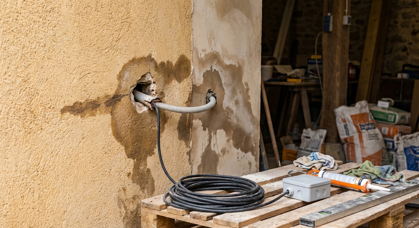 Infiltrations par percement mal rebouché pour câblage IRVE