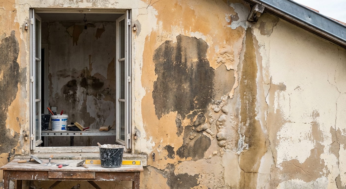 Infiltrations d'eau à travers une peinture extérieure défaillante