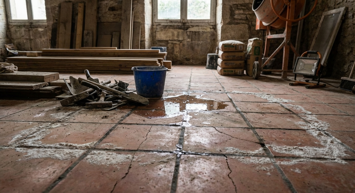 Infiltrations d'eau à travers un sol carrelé défectueux
