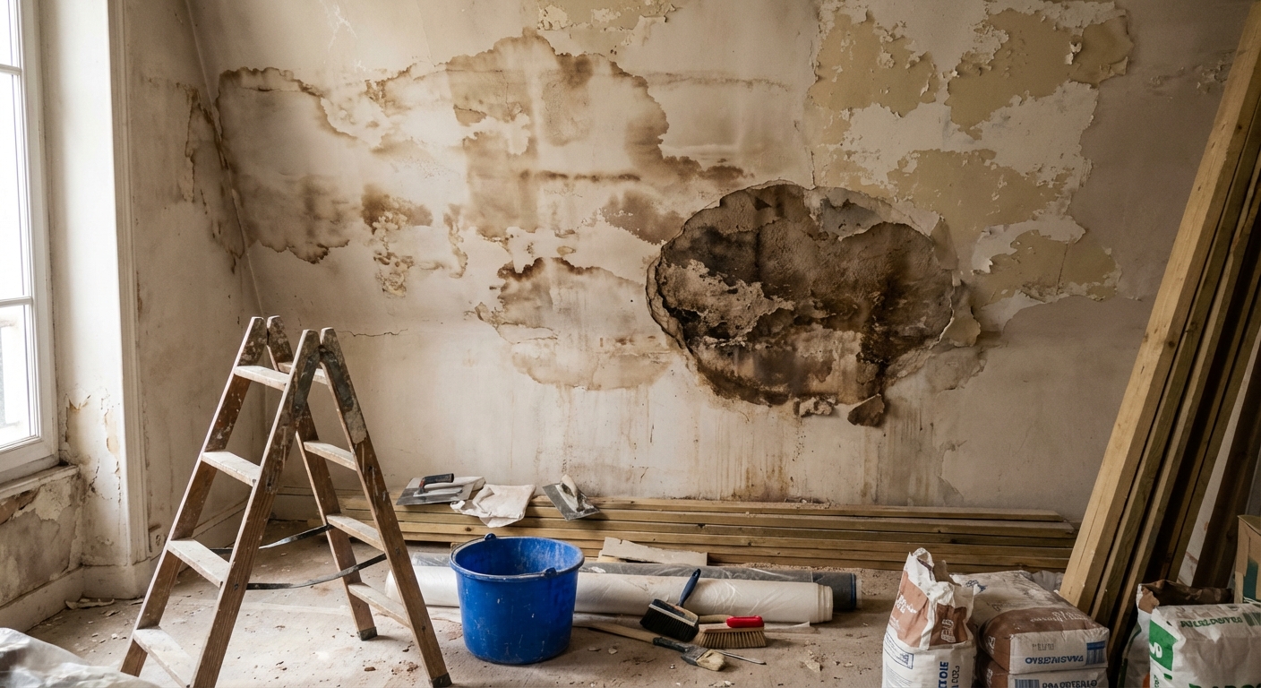 Infiltrations au plafond suite à un défaut d'étanchéité de terrasse