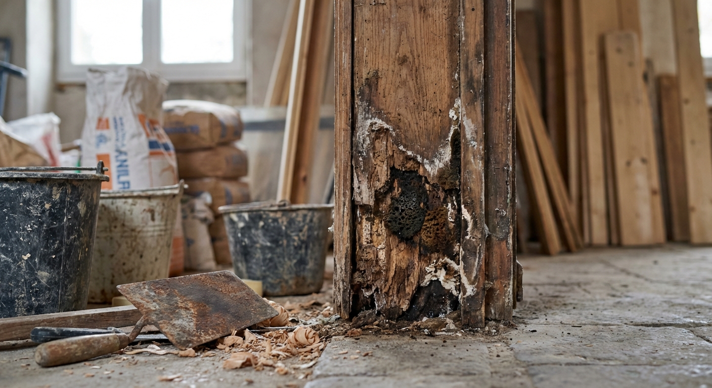 Huisserie en bois pourrie encastrée dans un mur