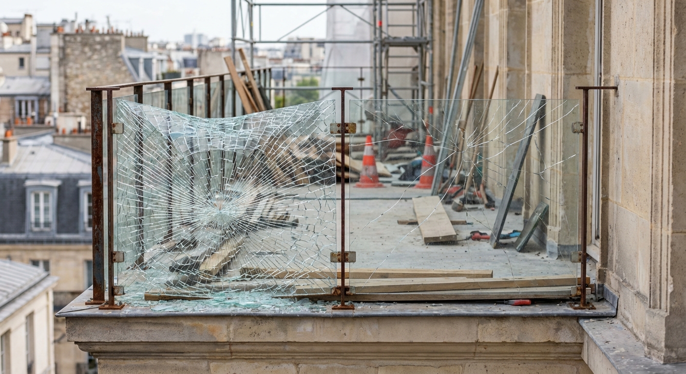Rupture de garde-corps vitré sur balcon
