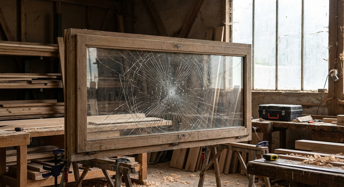 Vitrage structurel fissuré sur une baie vitrée