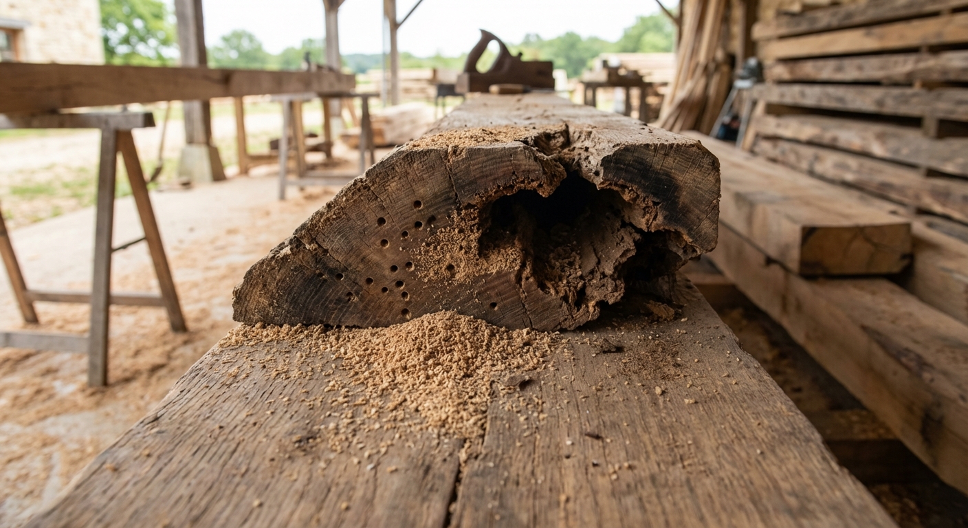 Dégâts d'insectes xylophages sur bois structurel