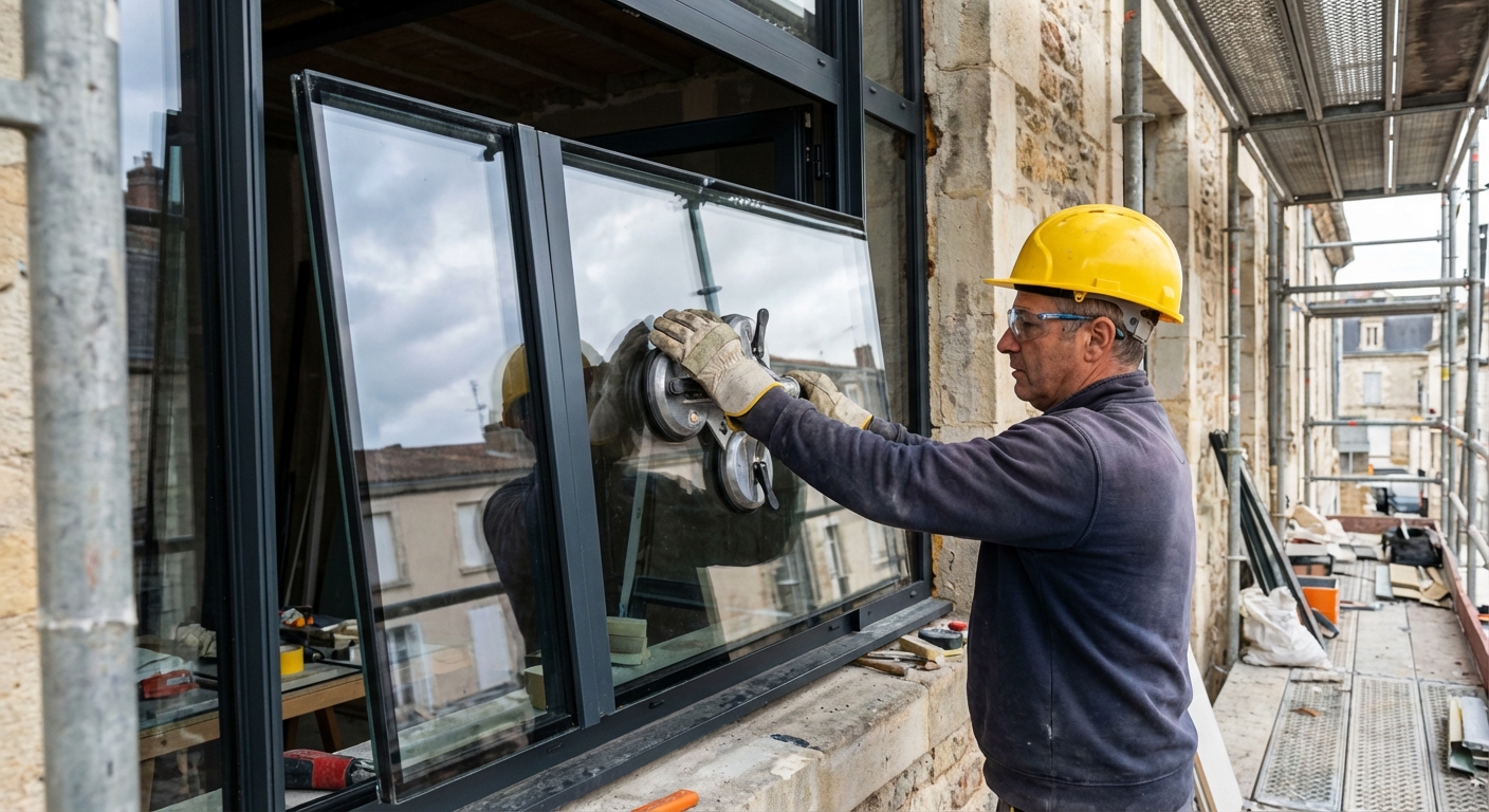 Vitrier-miroitier posant un vitrage isolant sur chantier