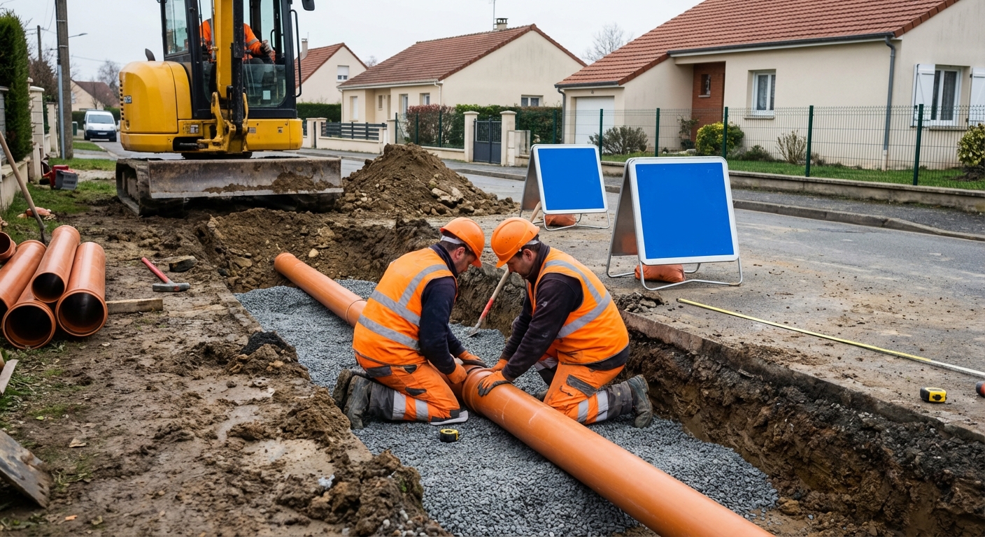 Chantier VRD avec pose de réseaux enterrés et terrassement