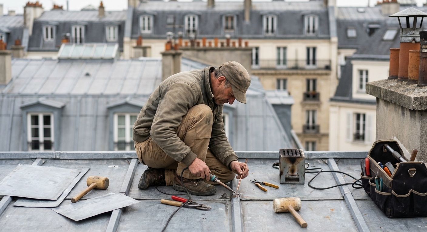 Zingueur posant une gouttière zinc sur un toit